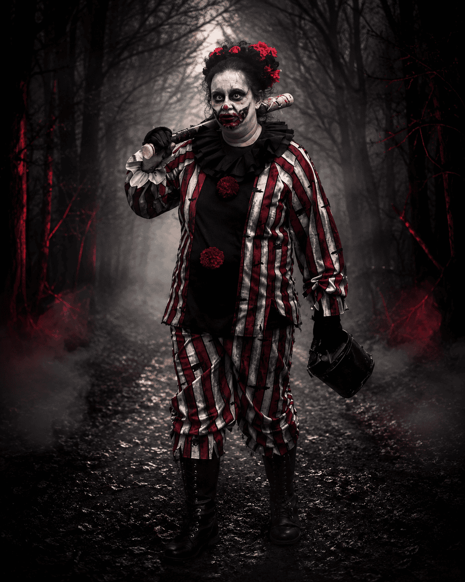 A frightening clown suddenly appearing